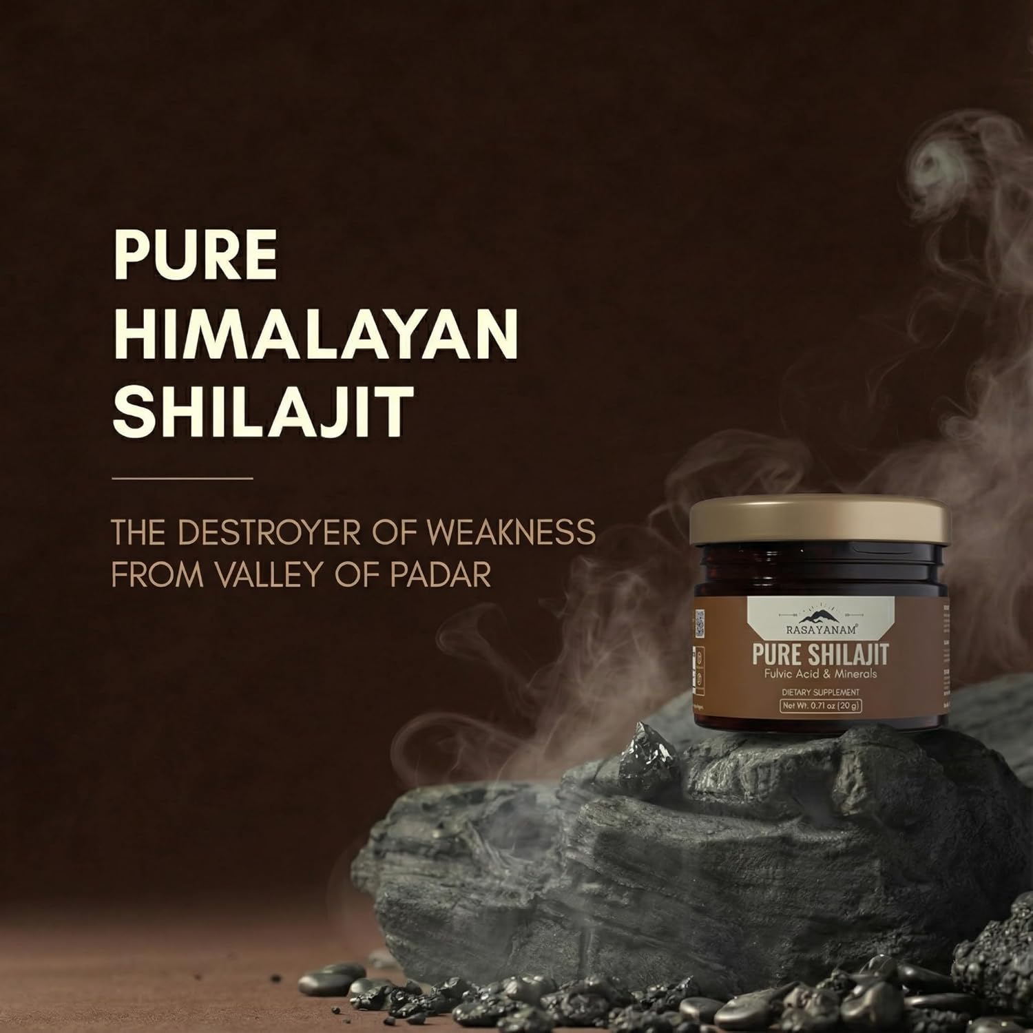 Jar of Pure Himalayan Shilajit on a rock with smoke effect against a dark background