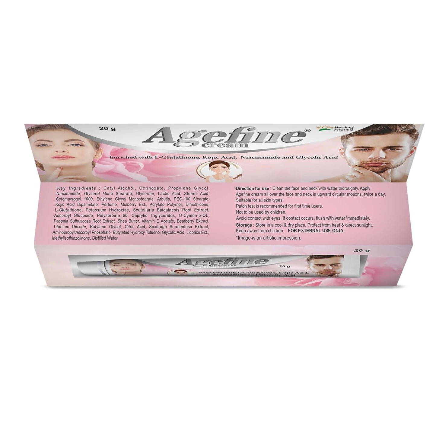 Healing Pharma - Agefine L- glutathione/Glycolic Acid & kojic Acid Cream for Face/Skin Whitening/Pigmentation/Darks Spot/Dark Circle & Acne Spots | Anti Aging Cream for Women & Men Daily Use - 20g