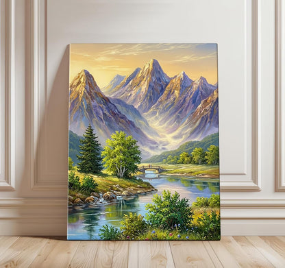 Mountain Canvas Painting for Wall Decoration, Mountain Painting Vastu, River Valley Nature Wall Art, Gallery Wrapped for Living Room, Bedroom, Office Décor, 45 x 58 cm