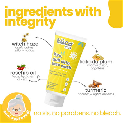 Töuco Kids face wash tube with ingredients listed on a white background