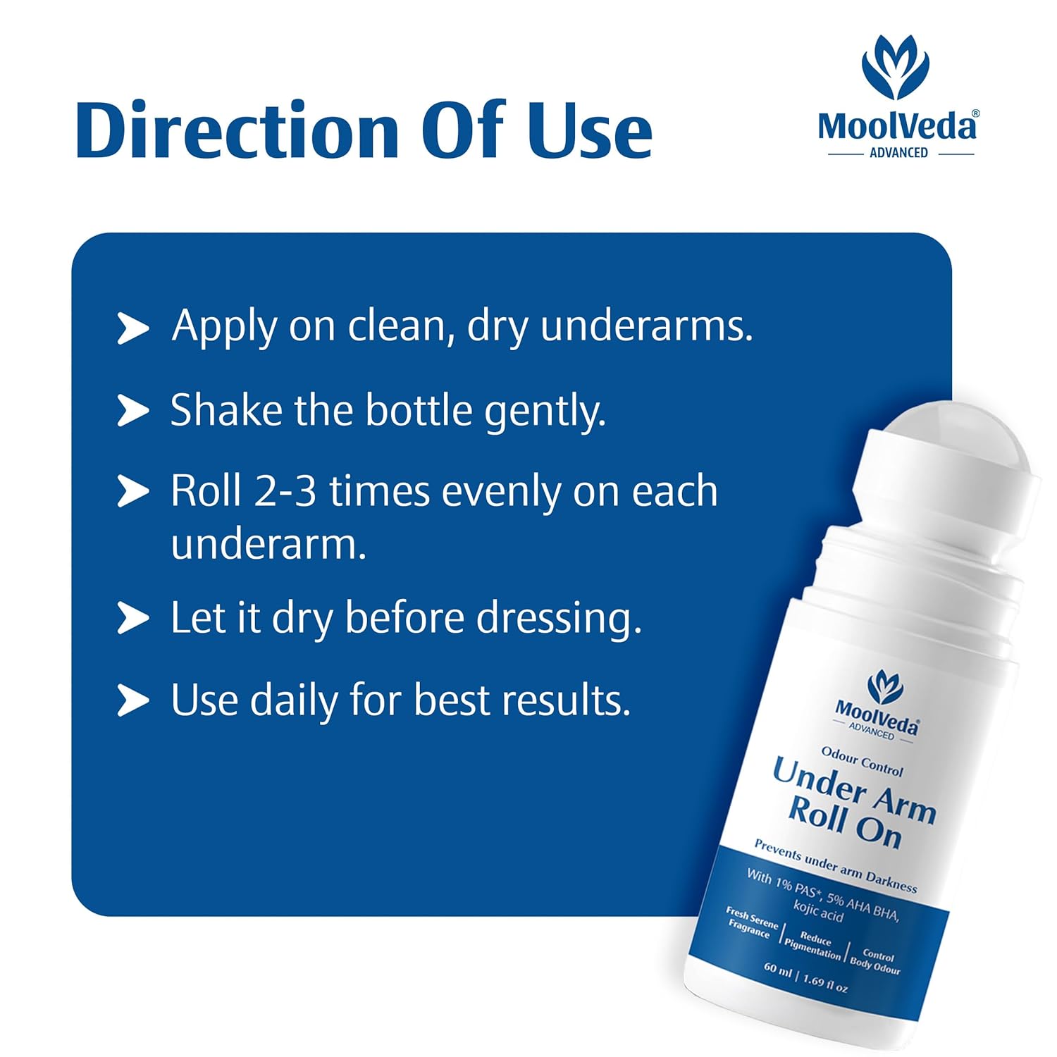 MoolVeda Under Arm Control Roll On with usage instructions on a blue background