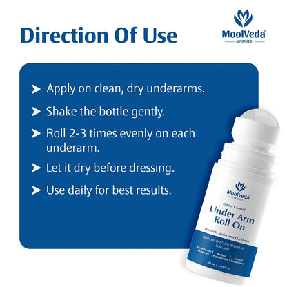 MoolVeda Under Arm Control Roll On with usage instructions on a blue background