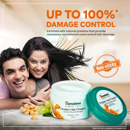 Himalaya Protein Hair Cream with a couple embracing, promoting damage control and non-sticky properties.