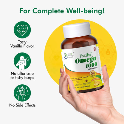 Fytika Omega 1000 supplement bottle held in a hand with product features listed.