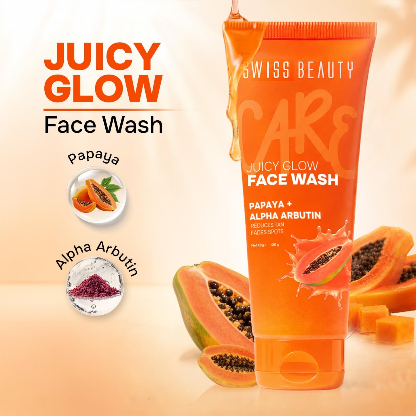 Swiss Beauty Care Juicy Glow Face Wash | Papaya + Alpha Arbutin | Removes Dirt & Grime | Fades Tan & Spots | Nourishes & Hydrates - 100g