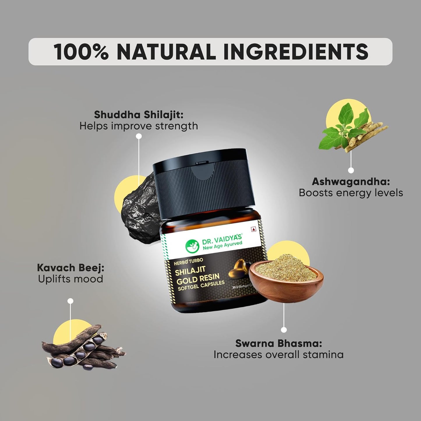 Dr. Vaidya's Herbo24Turbo Shilajit Gold Resin Softgel Capsules | 30 Ayurvedic Capsules for Strength, Stamina & Energy in Men | Enriched with Pure Shilajit for Men & 24K Gold Bhasma