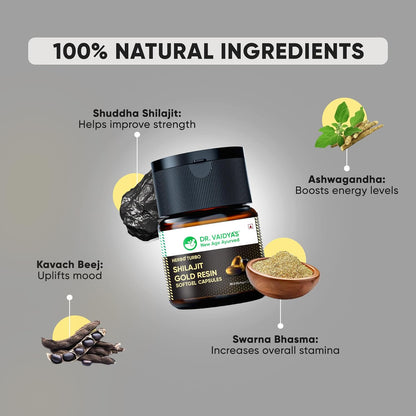 Dr. Vaidya's Herbo24Turbo Shilajit Gold Resin Softgel Capsules | 30 Ayurvedic Capsules for Strength, Stamina & Energy in Men | Enriched with Pure Shilajit for Men & 24K Gold Bhasma