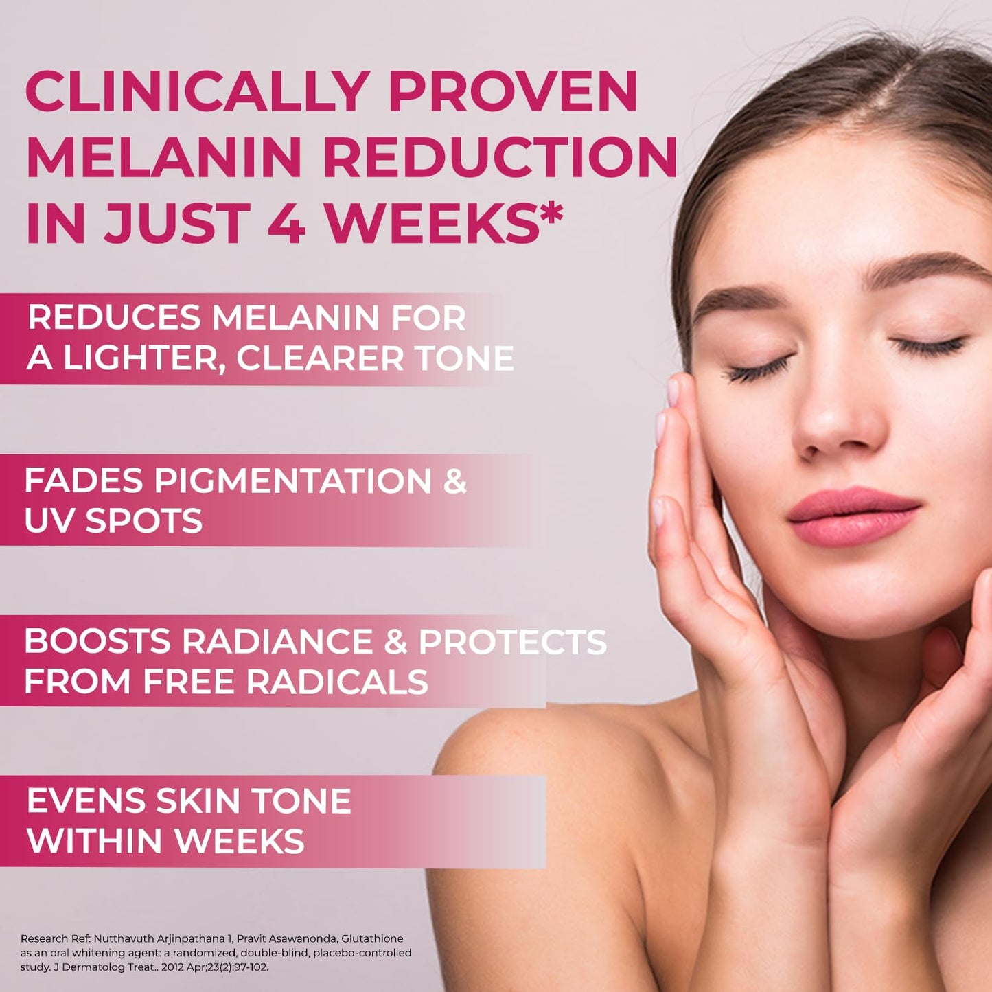 Advertisement for skin care product with text about melanin reduction and benefits, featuring a woman touching her face.