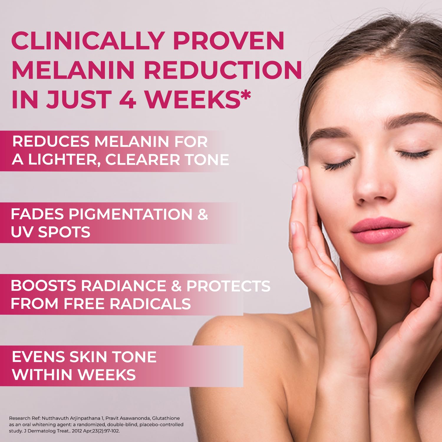 Advertisement for skin care product with text about melanin reduction and benefits, featuring a woman touching her face.