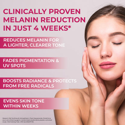 Advertisement for skin care product with text about melanin reduction and benefits, featuring a woman touching her face.