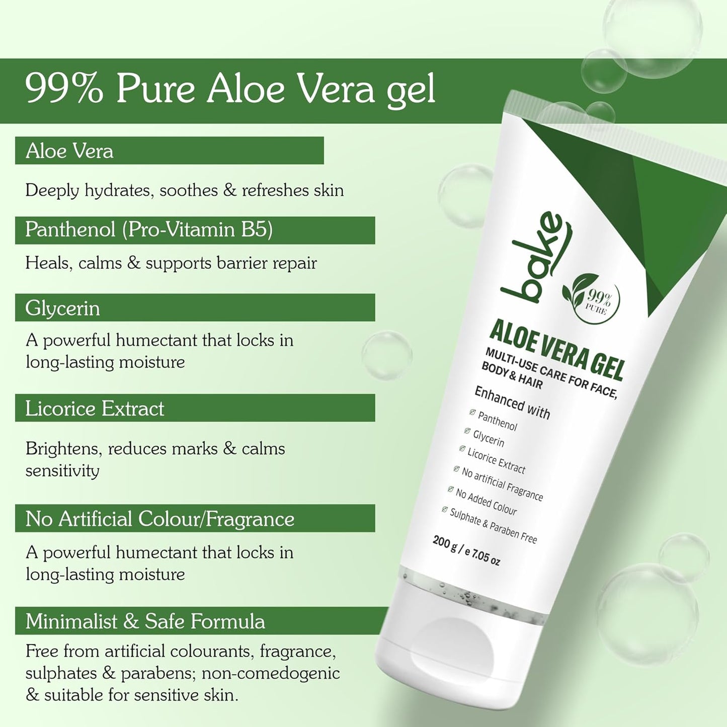 BAKE 99% Pure Aloe Vera Gel (200g) For Face, Body & Hair With Panthenol & Glycerin | Hydrates Skin, Reduces Dryness & Non Sticky | Enriched Proven Actives | For Men & Women - 200g