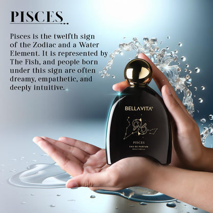 Bellavita Pisces perfume bottle held in a hand with water elements and zodiac text.