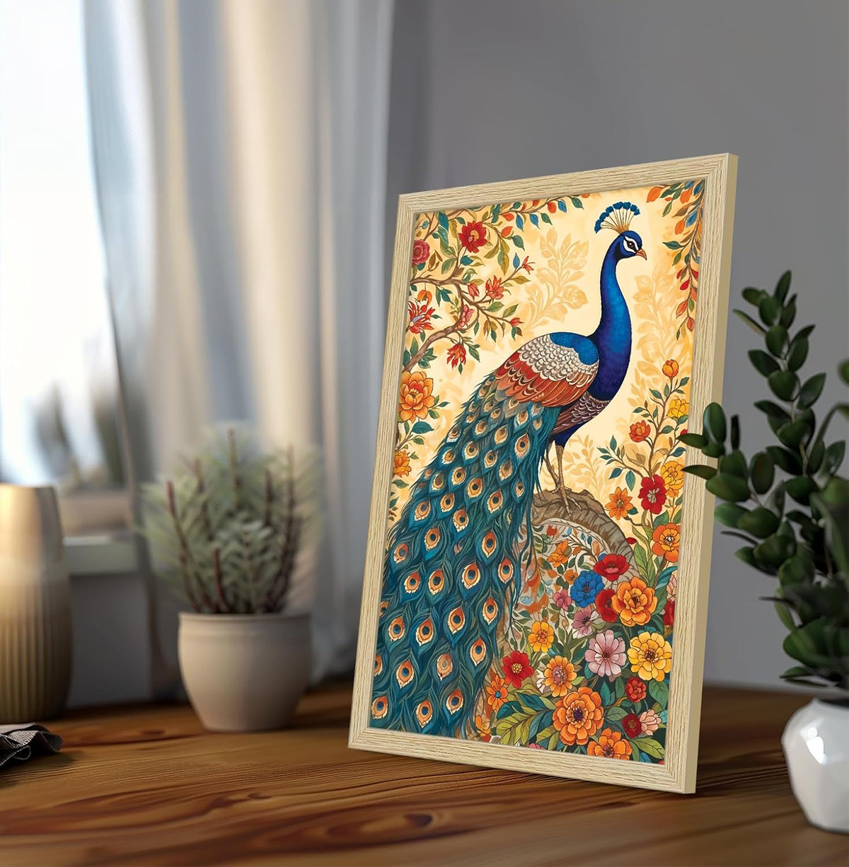 Peacock Painting For Wall Vastu with Frame for Home Decoration, Madhubani Painting for Living Room, 12.0 X 18.0 inches, Set Of 1