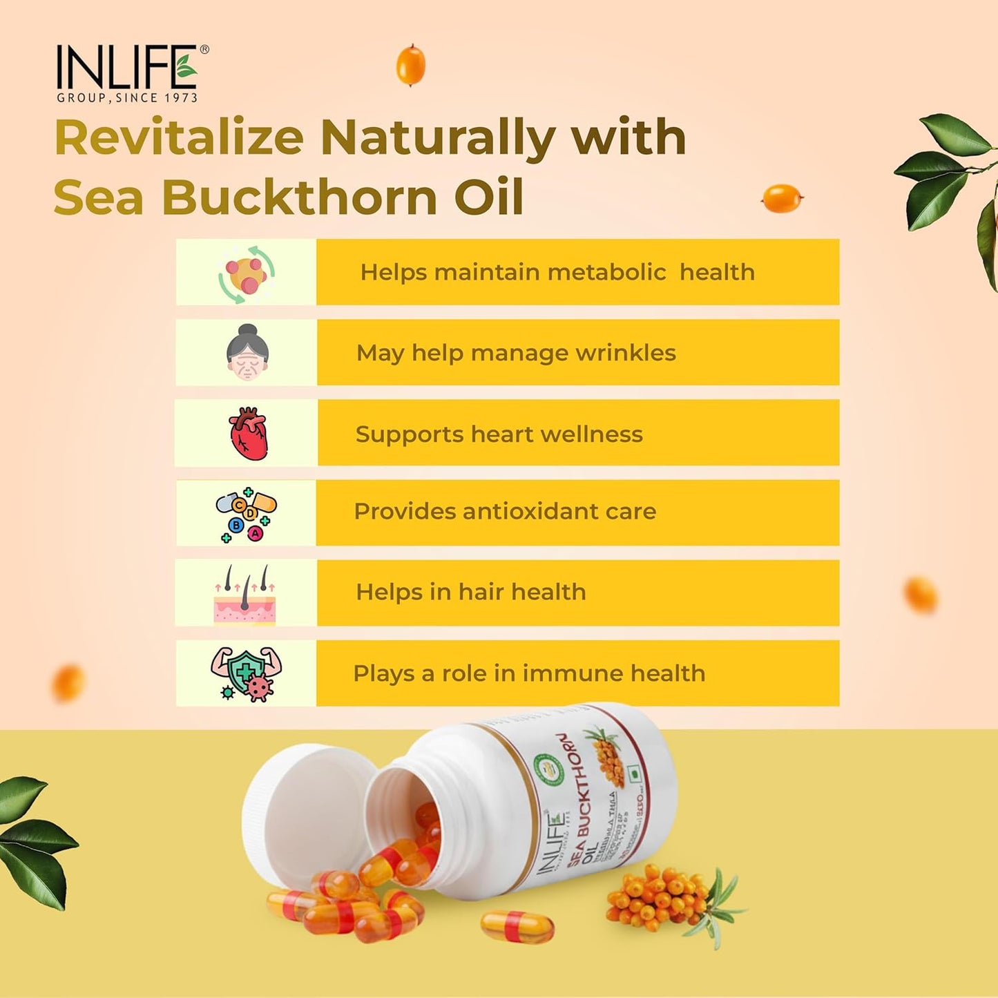 INLIFE Sea Buckthorn Oil Capsules 500mg | Omega 3 6 7 9 Supplement for Skin and Overall Wellness - 30 Liquid Filled Vegetarian Capsules (Pack of 1, 30)