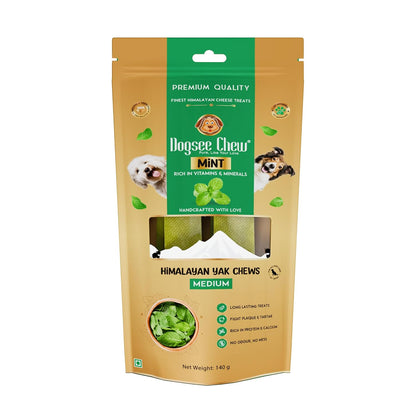 Dogsee Mint Infused 100% Natural Yak Chew Bones for Dogs 140 gm (Medium - 2 Chews) Healthy Alternative to Rawhide - High Protein, All Life Stages