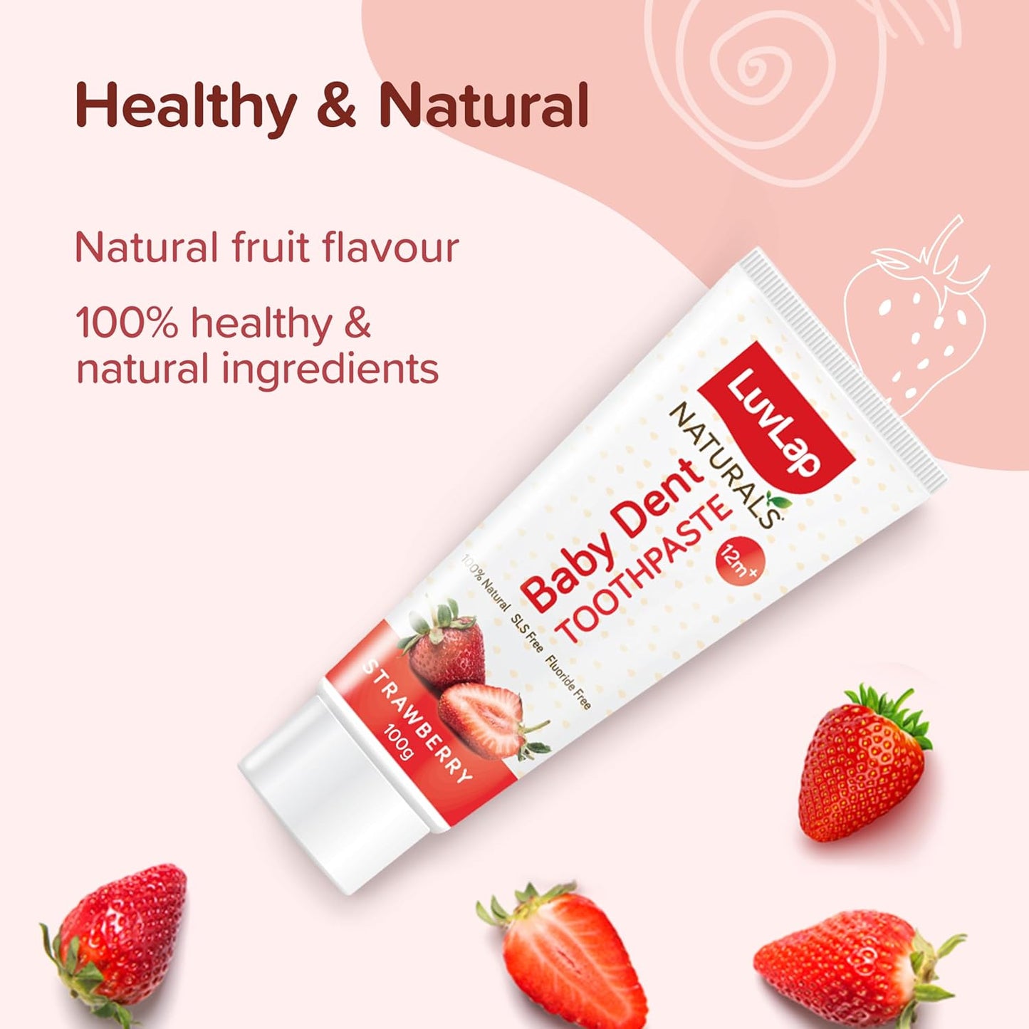 LuvLap Naturals Baby Dent 100% Natural Toothpaste for Kids, Strawberry Flavour, SLS &Fluoride Free, Removes Plaque, Prevents Bacterial Growth, Ensures Shiny White Teeth, Neutral pH,12M+, 100g