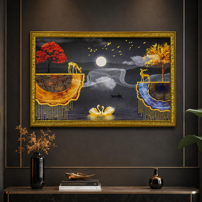 Abstract art Framed Golden Foil 3D Style Landscape Painting with 2 Deer Standing on Edge | Ready to Hnag - (14 x 20 inch, Multicolor)