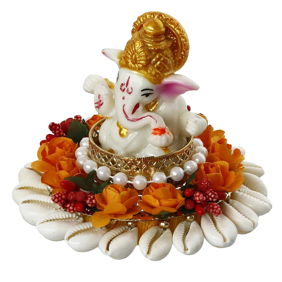 Polyresin Lord Ganesha Idol On Shells and Orange Floral Decorative Handcrafted Plate - Exquisite Hindu God Statue for Home, Temple, Office, Car Dashboard - Gift for Housewarming, Birthday