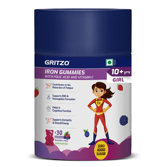 Gritzo Iron Gummies (10+ Girl), Mixed Berry, 30 Gummies With Folic Acid & Vitamin C | Zero Added Sugar