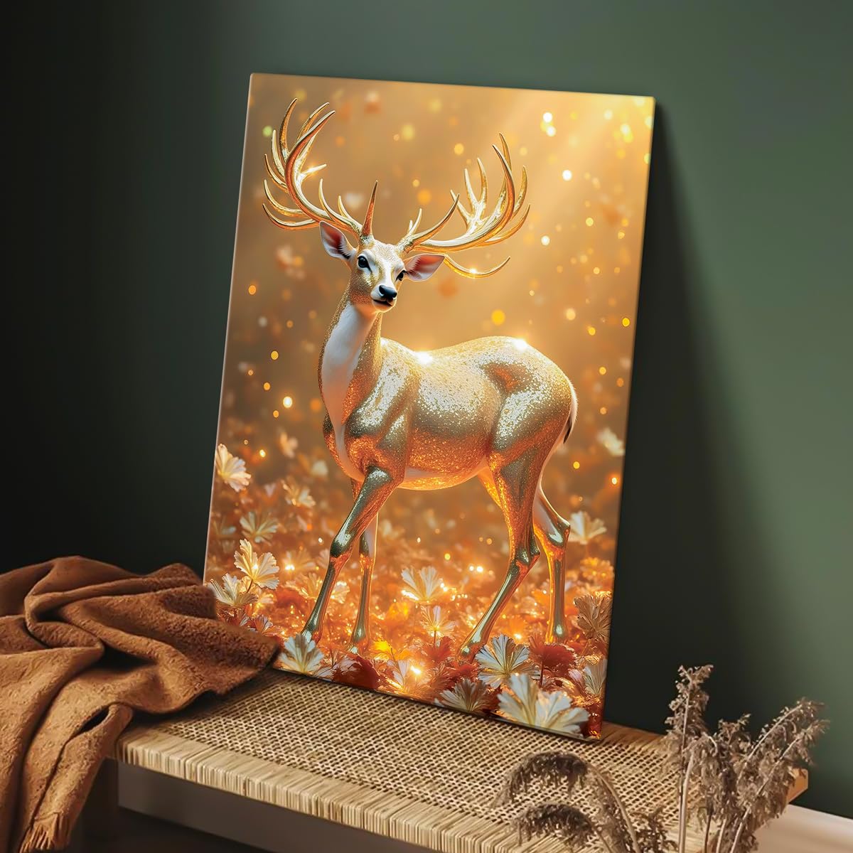 Canvas Vastu Golden Deer Wall Painting, Big Size Canvas Painting For Living Room, Bedroom, Multicolor, Abstract, 58.0 X 45.0 cm, Set of 1