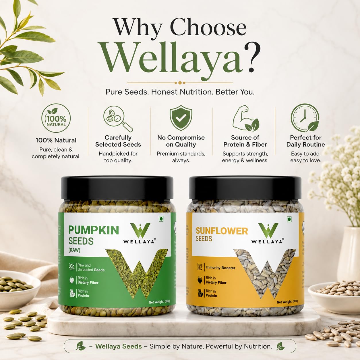 WELLAYA Combo of Pumpkin and Sunflower Seeds | Healthy Diet Snacks | Fibre & Protein Raw Seeds for Eating (Pumpkin Seeds (Raw) 250g + Sunflower Seeds 250g)