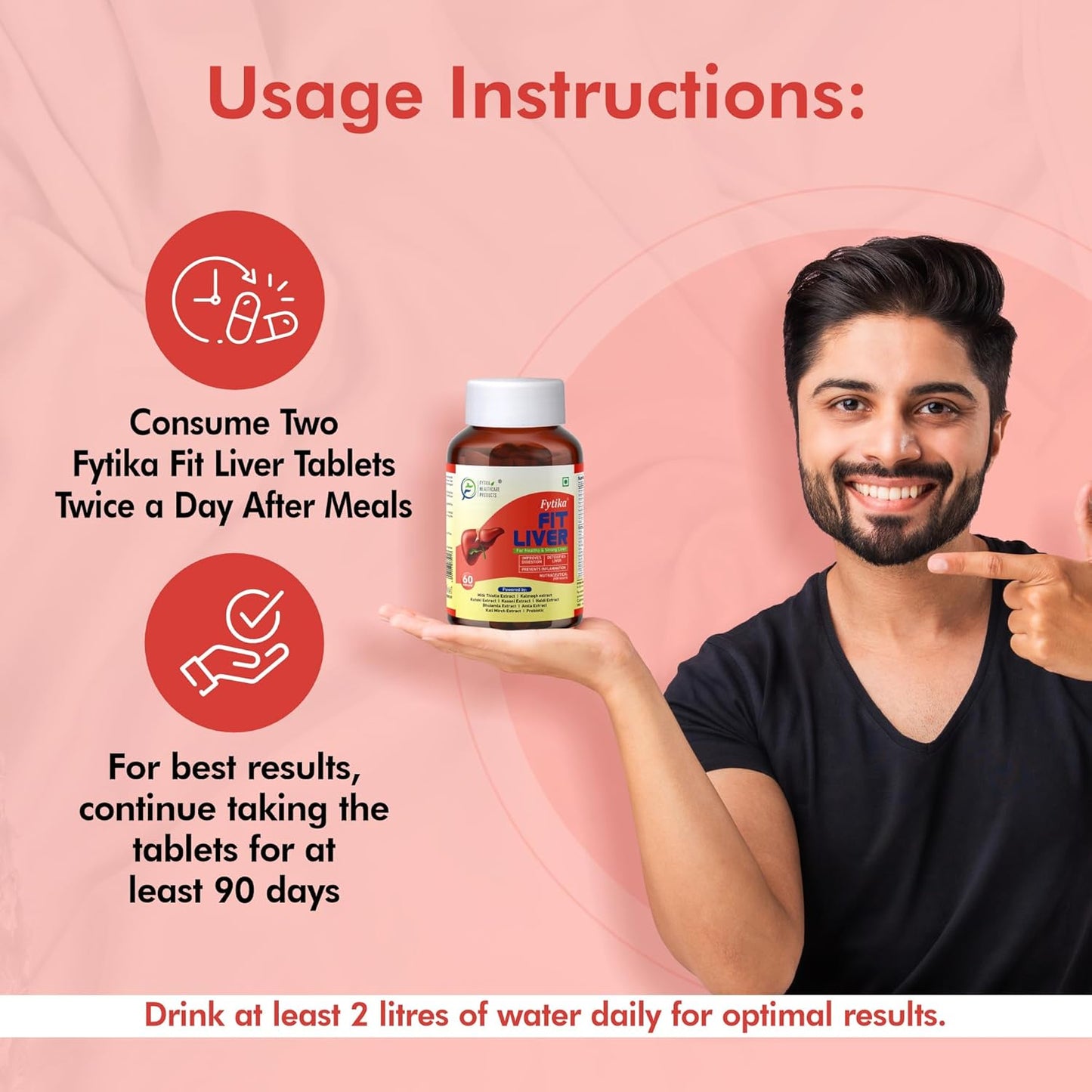 Person holding a bottle of Fytika Fit Liver Tablets with usage instructions on a pink background