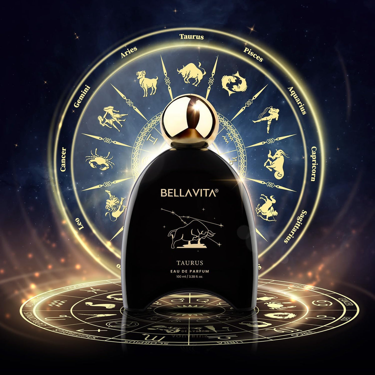 Bottle of Bellavita Taurus perfume with zodiac symbols in the background