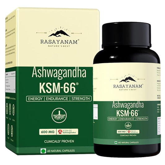 Rasayanam Ashwagandha KSM-66 supplement bottle and packaging on a white background