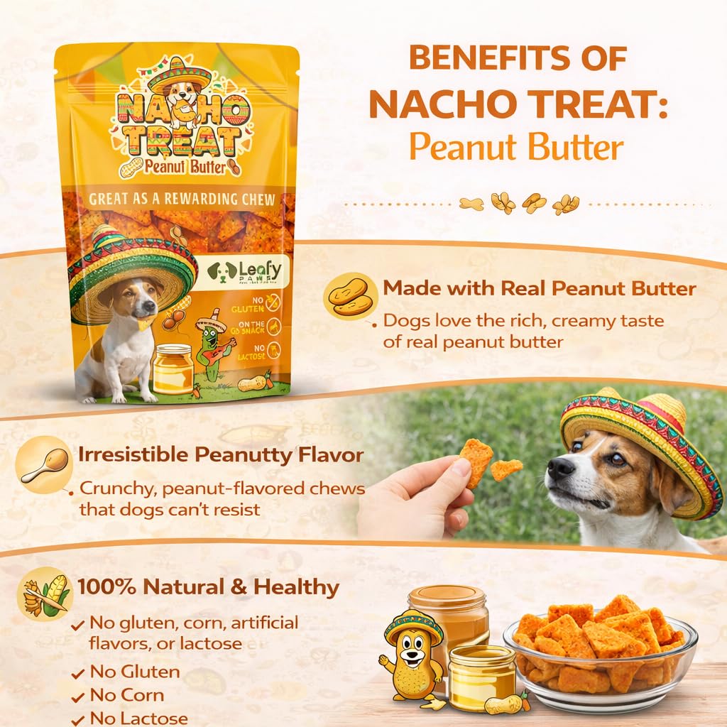 LeafyPaws Nacho Treats Dog Snacks (45g) | Natural Reward Treats for Dogs | 100% Natural Grain Free, Lactose Free, No Added Preservatives (Peanut Butter)