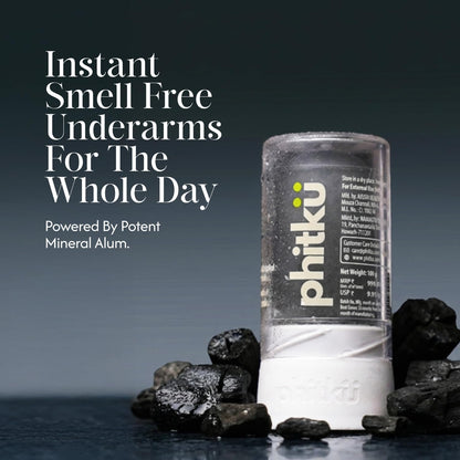 Phitku Crystal Roll On with Charcoal Extract | Natural Alum | Brightens Dark Underarms, Controls Body Odour | Fragrance-Free & Alcohol Free | Men & Women | 100g
