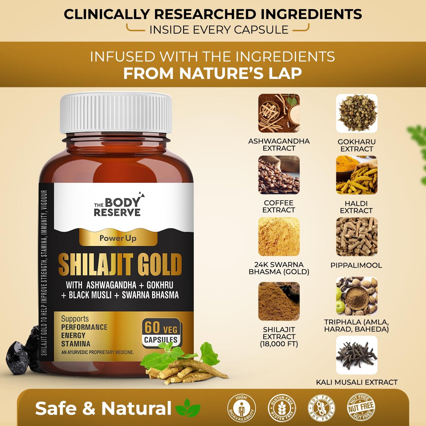 Body Reserve Shilajit Gold supplement bottle with ingredients listed on a beige background