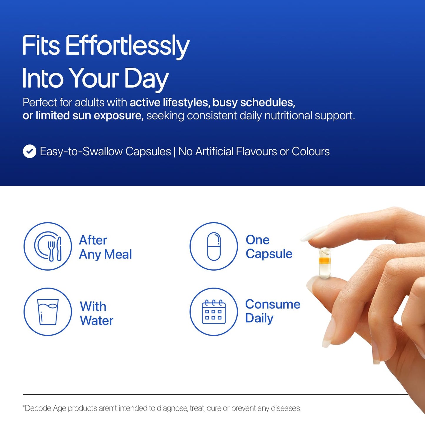 Product advertisement with text and a hand holding a capsule against a blue background