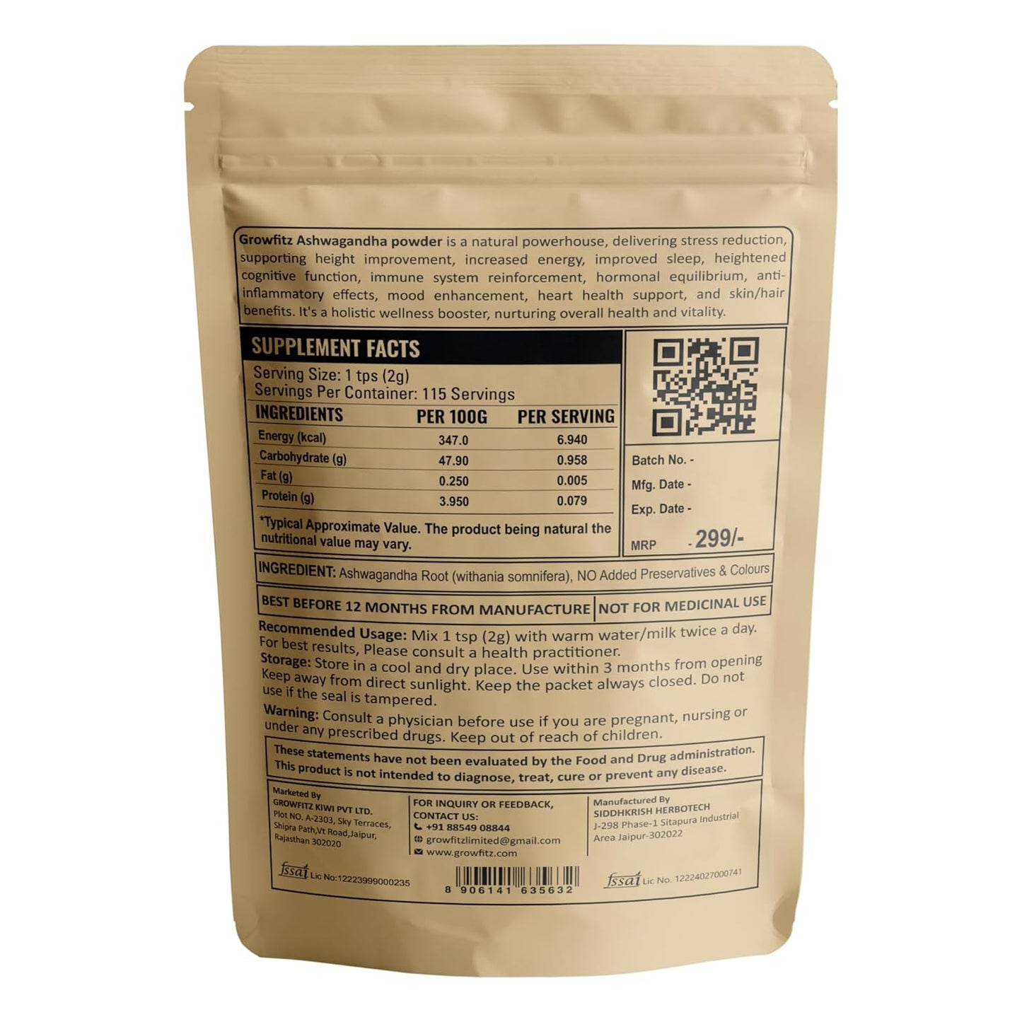 Growfitz 100% Organic Ashwagandha Powder 230g | Withania Somnifera | Energy Boost, Anxiety & Stress Relief, Height Improvement, Immunity System | ISO Certified | Vegan, Gluten-Free | Pack of 1