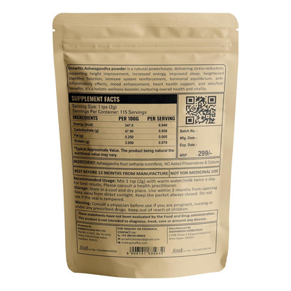Growfitz 100% Organic Ashwagandha Powder 230g | Withania Somnifera | Energy Boost, Anxiety & Stress Relief, Height Improvement, Immunity System | ISO Certified | Vegan, Gluten-Free | Pack of 1