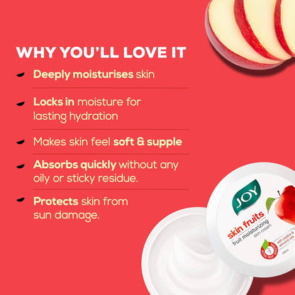 Joy Skin Fruits Moisturizer for Dry Skin (200ml), Cold Cream for Winters, With Apple, Jojoba & Almond Oil | Quick Absorbing & Non Sticky Moisturizer for Face, Hands & Body | For Healthy, Soft & Glowing Skin