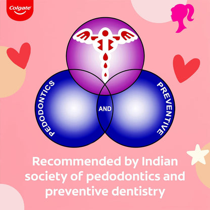 Colgate Kids Toothpaste For 6+ Years, Barbie, Strawberry Flavour, Gentle Protection Tooth Paste With 50% Lesser Abrasive Formula For Protecting Against Cavities, Enamel Protection- 80G (Pack of 2)