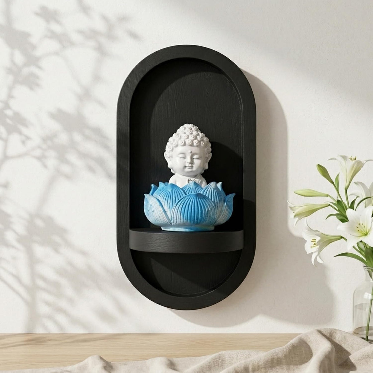 eCraftIndia White Lord Buddha Idol in Blue Lotus Base | Baby Buddha Statue for Car Dashboard Office Home Decor | Gift for Diwali Housewarming Birthday
