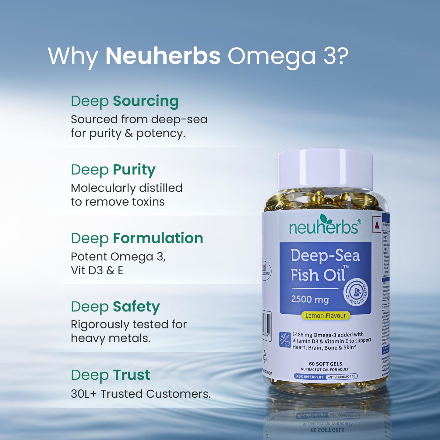 Neuherbs Deep Sea Omega 3 Fish Oil - Omega 3 Supplement Triple Strength 2500 Mg (Essential Fatty Acid Combination of 1486 mg 892 mg EPA 594 mg DHA/serving), Lemon Flavour- 60 Softgel
