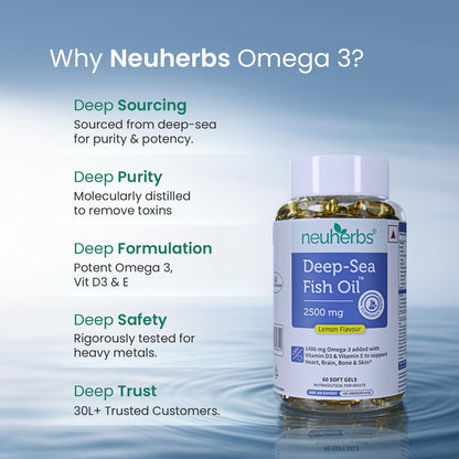Neuherbs Deep Sea Omega 3 Fish Oil - Omega 3 Supplement Triple Strength 2500 Mg (Essential Fatty Acid Combination of 1486 mg 892 mg EPA 594 mg DHA/serving), Lemon Flavour- 60 Softgel