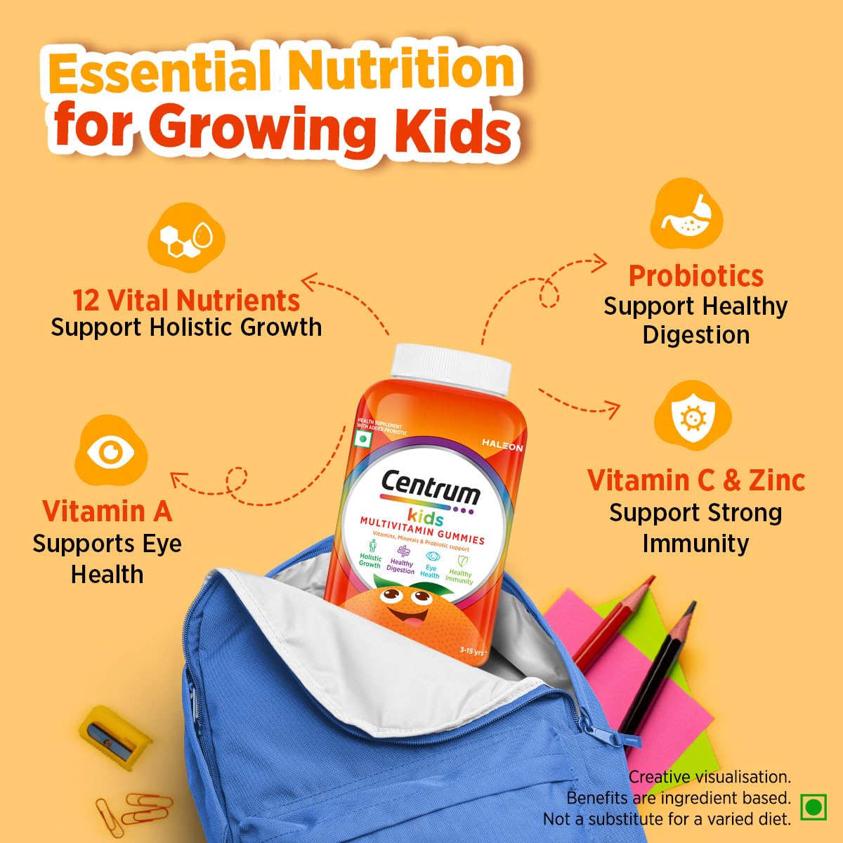 Centrum Kids- Multivitamin Gummies for Kids | Non-Habit Forming | With Zinc, Vitamin B, C, D for Overall Growth, Healthy Digestion, Eye Health, Immunity | Tasty Orange Flavour | Veg - 50 gummies