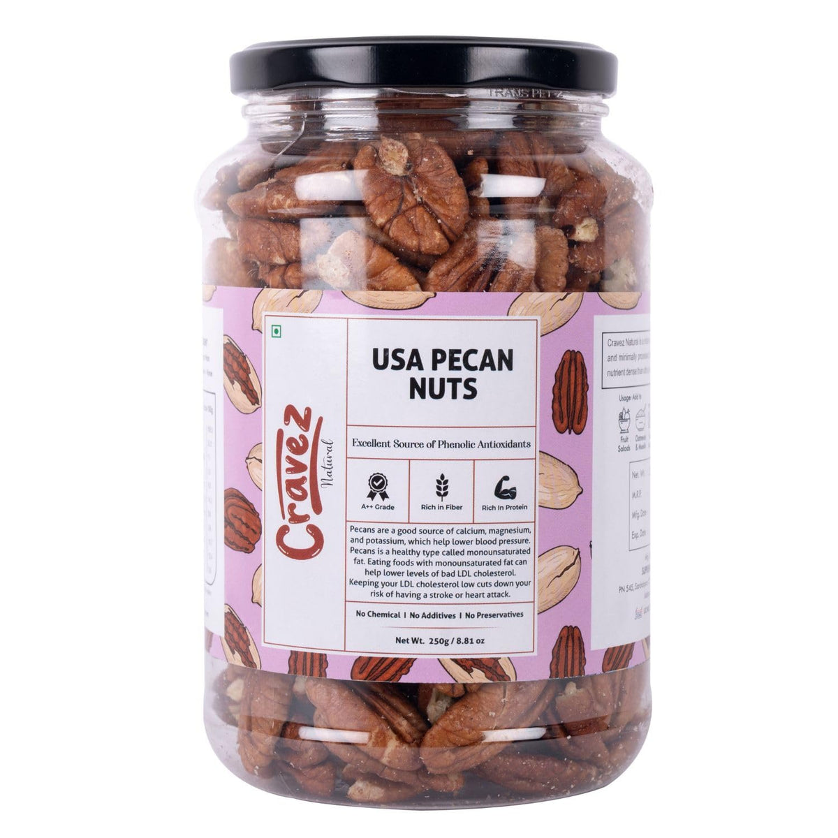 cravez Natural Usa Pecan Nuts (Grade A ++ Nuts, Premium Size, Imported) - Excellent Source Of Phenolic Antioxidant - Packed In Reusable Premium Jar - Dried