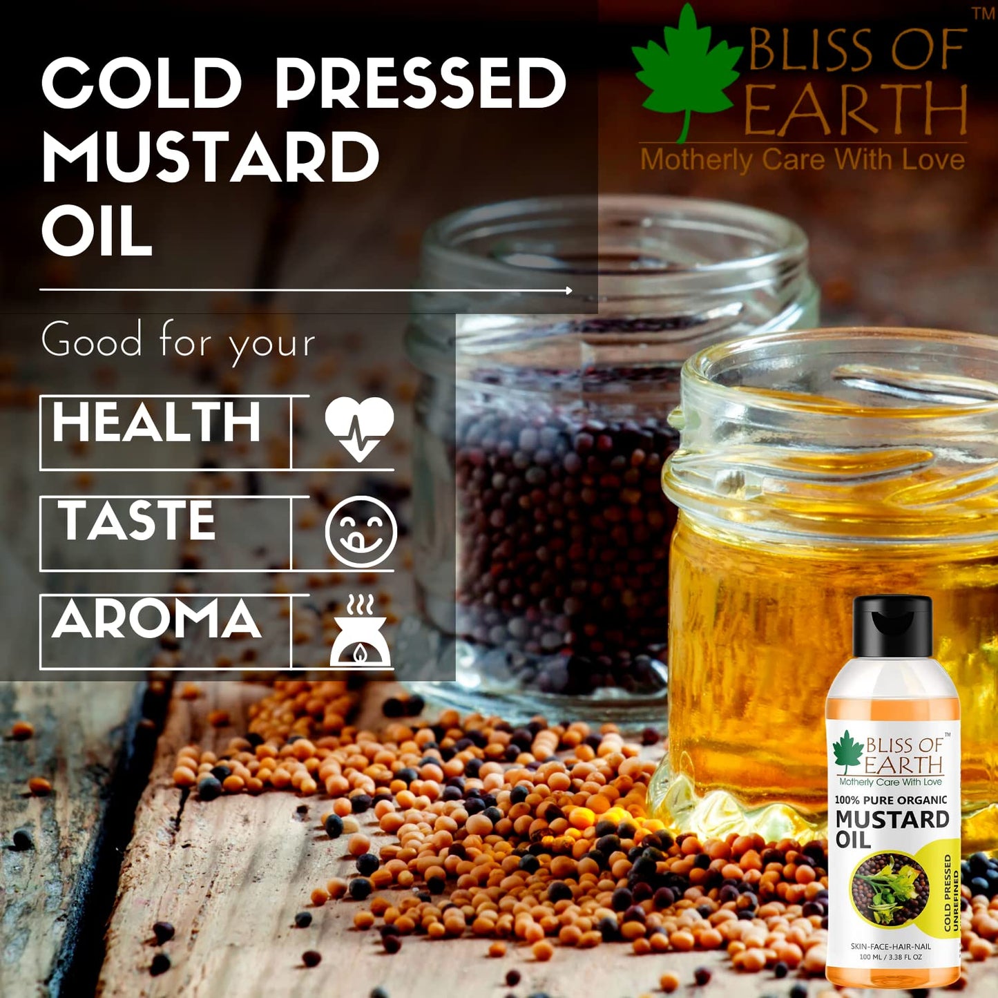 Bliss of Earth Mustard Oil for Hair, 100% Pure Organic & Hexane Free, Organic Mustard Oil, Cold Pressed, Baby-Friendly, Antibacterial, 100ml,