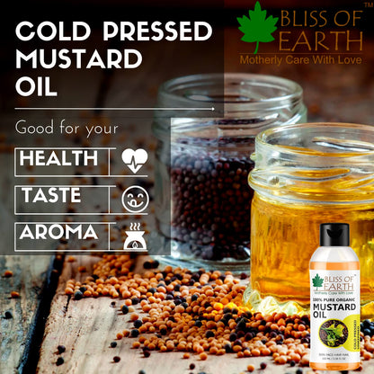 Bliss of Earth Mustard Oil for Hair, 100% Pure Organic & Hexane Free, Organic Mustard Oil, Cold Pressed, Baby-Friendly, Antibacterial, 100ml,