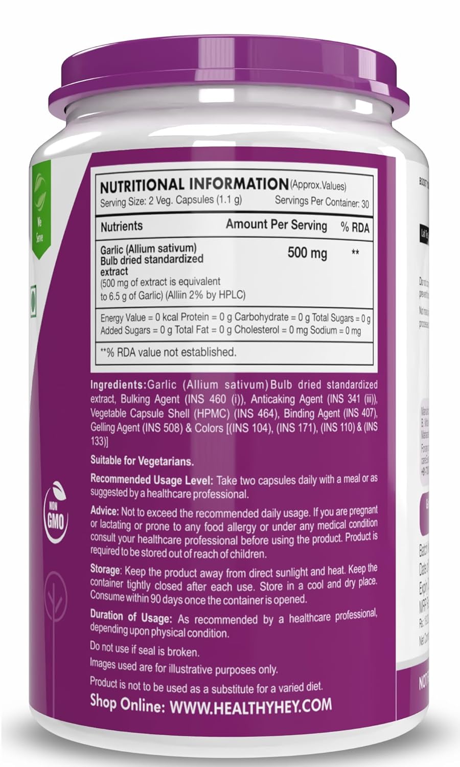 Nutritional information label on a supplement container with purple and white design.