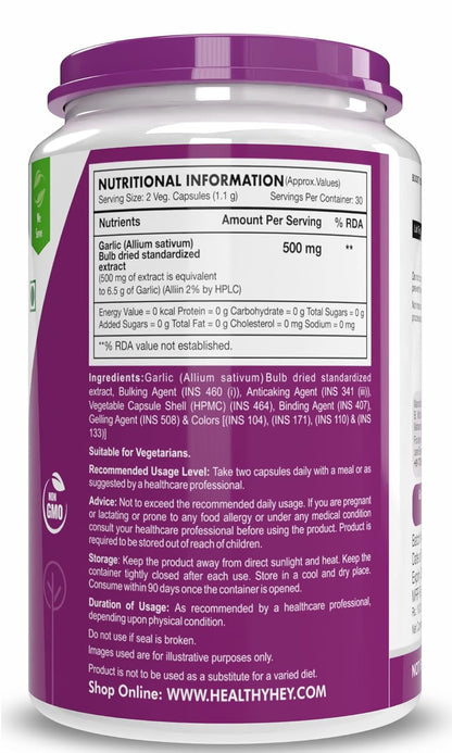 Nutritional information label on a supplement container with purple and white design.