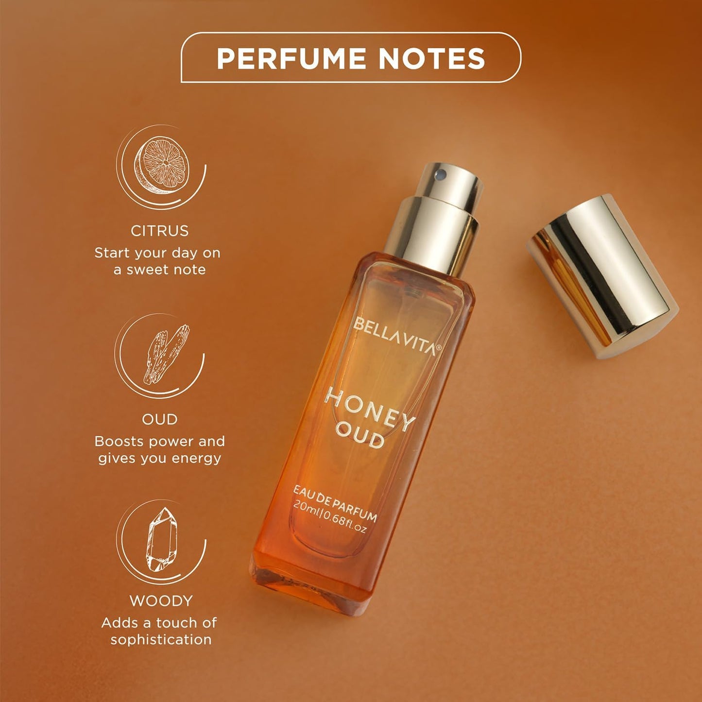 Bella Vita Luxury Honey Oud Unisex Liquid Eau De Parfum With Bergamot, Patchouli, Vanilla Premium, Long Lasting Sweet & Spicy Fragrance, 20ml