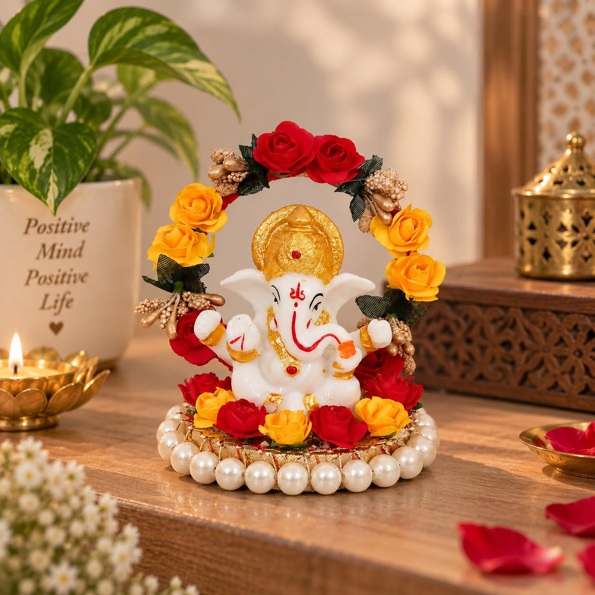 eCraftIndia Resin Lord Ganesha Idol On Decorative Rose Flower Plate| Ganesha Idol for Home Decor Car Dashboard| Ganesha Statue| Ganesh Murti| Ganpati Murti God Statue Gift for Diwali Housewarming