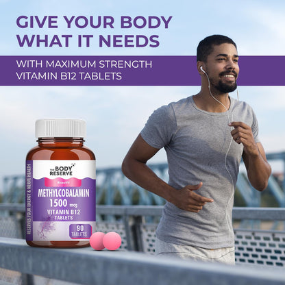Man jogging with a bottle of Vitamin B12 tablets and text promoting maximum strength Vitamin B12 tablets.