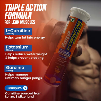 Fast&Up L Carnitine 3000mg Effervescent Tablets | Triple Action L Carnitine Supplement with Garcinia Cambogia & Potassium | Fat Burner for Weight Loss | Controls Cravings I Reduces Bloating I Orange Flavour (Pack of 1)