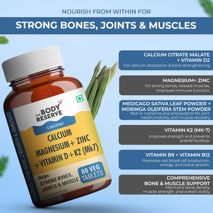 Supplement bottle with label 'The Body Reserve' on a light blue background with text about bone health.